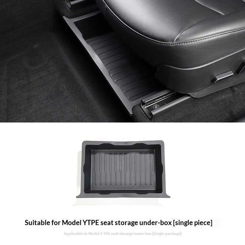 Single Tesla Model Y under-seat storage organizer installed beneath front seat