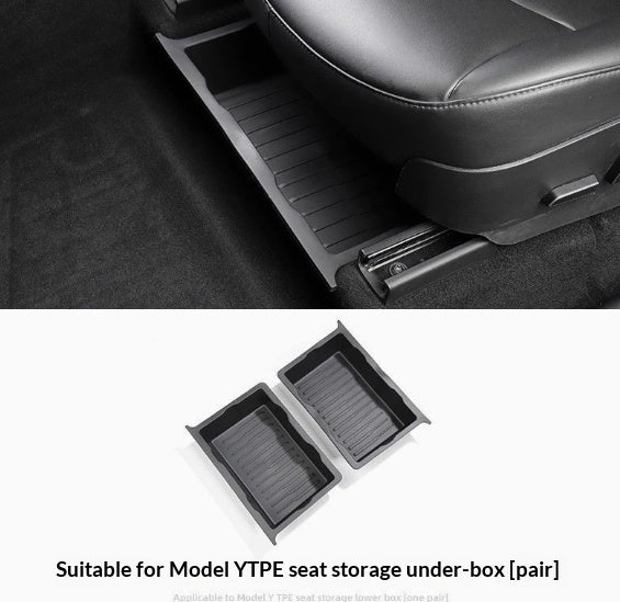 Tesla Model Y under-seat storage organizer pair installed beneath front seats
