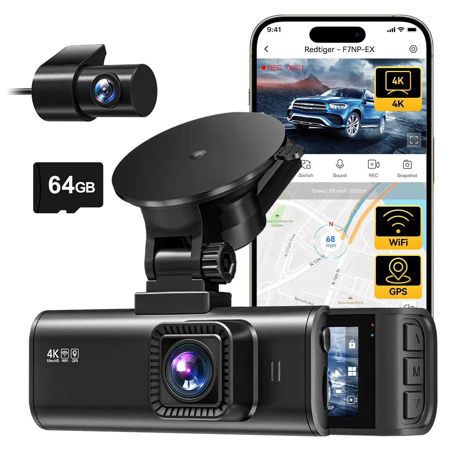 REDTIGER F7NP-EX (New Upgrade) Dash Cam Front Rear, 4K/2.5K Full HD Dash Camera for Cars, Free Included 64GB Card, Built-In Wi-Fi GPS, 3.16” IPS Screen, Night Vision, 170°Wide Angle, WDR, 24H Parking Mode, Summervibes
