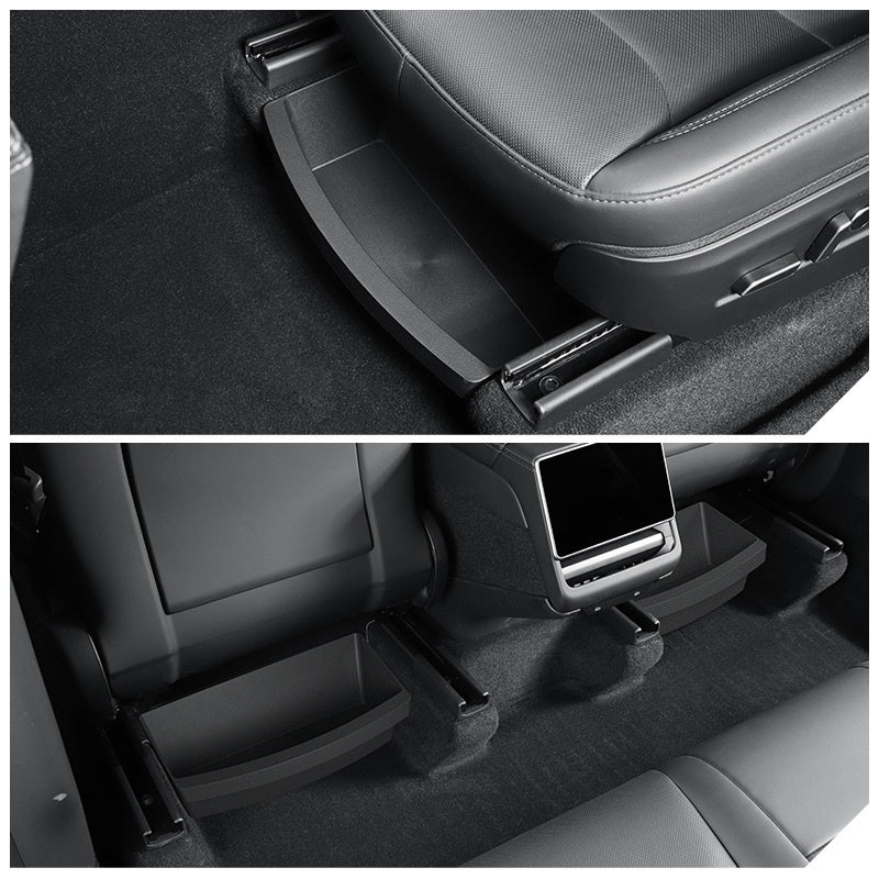 Tesla Model Y under-seat storage organizers installed beneath front seats