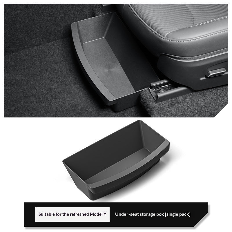 Tesla Model Y under-seat storage organizer installed and product view