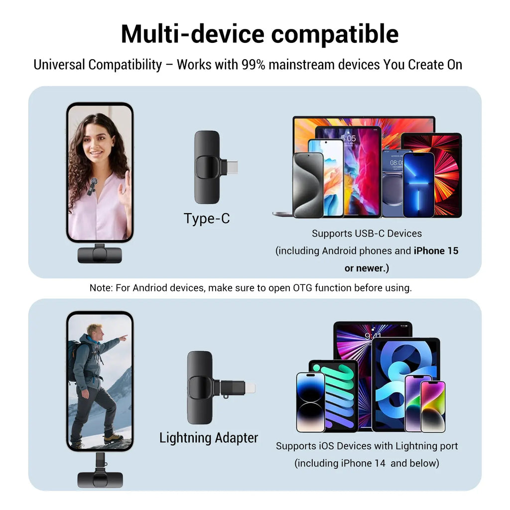 HITOZON Wireless Lavalier Microphone with Noise Reduction - Plug-And-Play Portable USB-C Lapel Mic for Iphone 15/16/17, Ipad, Android Smartphones, Camera Audio Recording - Mini Wireless Microphone Phone Accessories for Vlog, Youtube Clip-On Microphone