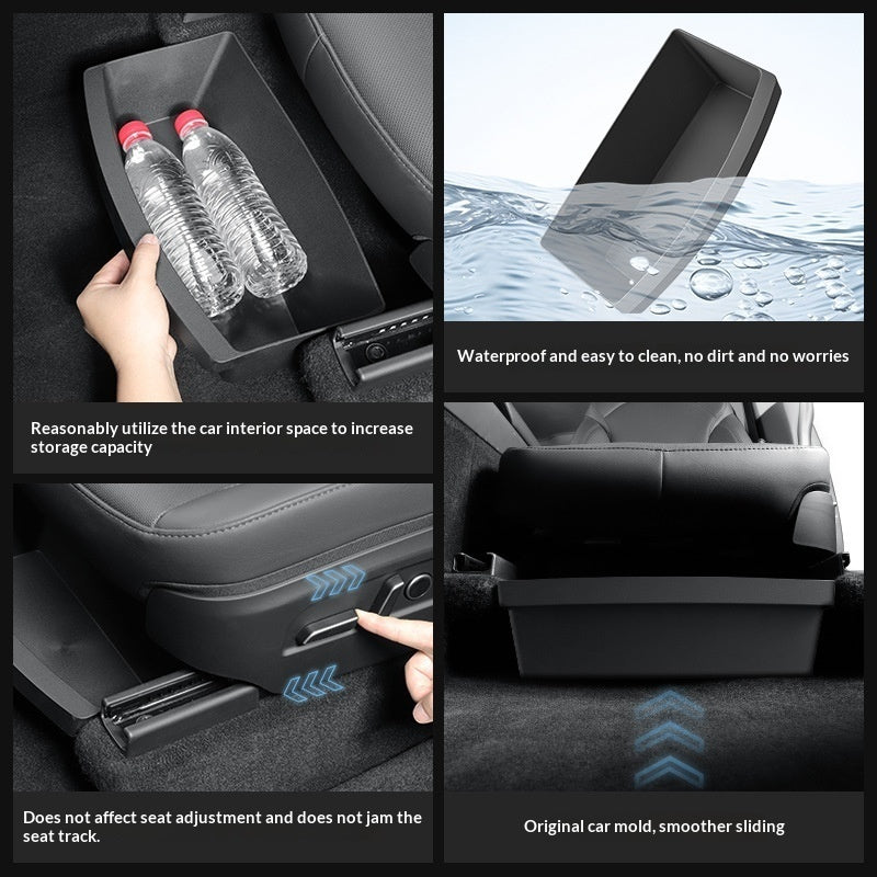 Tesla Model Y under-seat storage organizer showing waterproof design, storage capacity, and easy access
