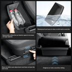 Tesla Model Y under-seat storage organizer showing waterproof design, storage capacity, and easy access
